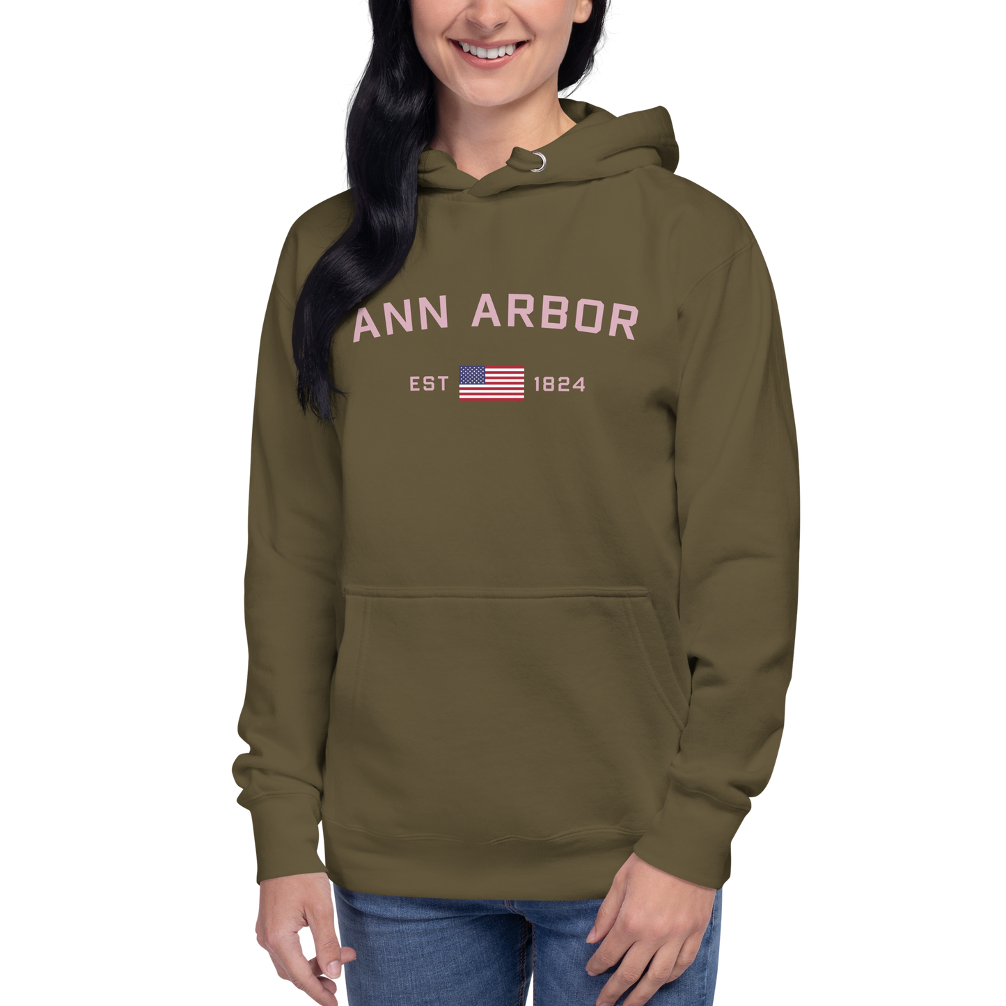 'Ann Arbor 1824' Unisex Premium Hoodie (Pink Type w/USA Flag Outline)