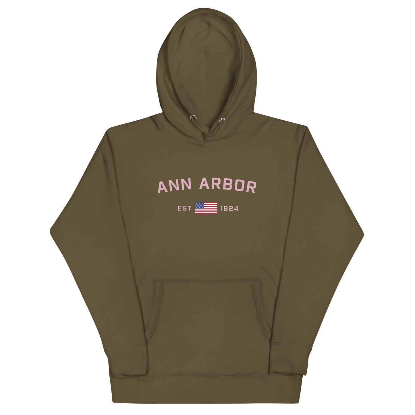 'Ann Arbor 1824' Unisex Premium Hoodie (Pink Type w/USA Flag Outline)