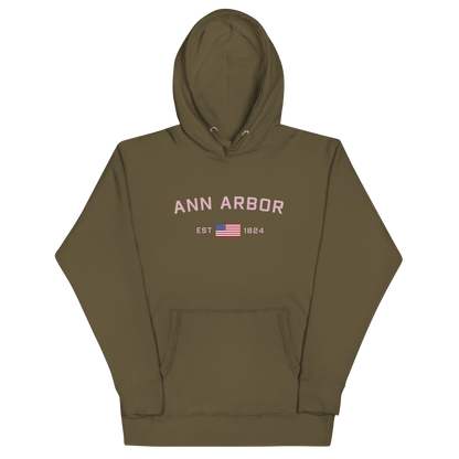 'Ann Arbor 1824' Unisex Premium Hoodie (Pink Type w/USA Flag Outline)