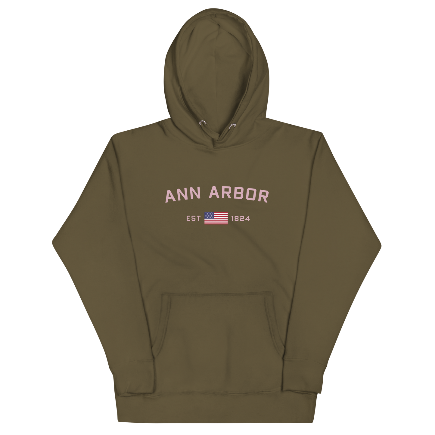 'Ann Arbor 1824' Unisex Premium Hoodie (Pink Type w/USA Flag Outline)