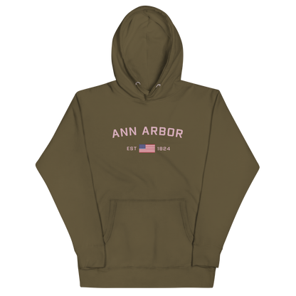 'Ann Arbor 1824' Unisex Premium Hoodie (Pink Type w/USA Flag Outline)