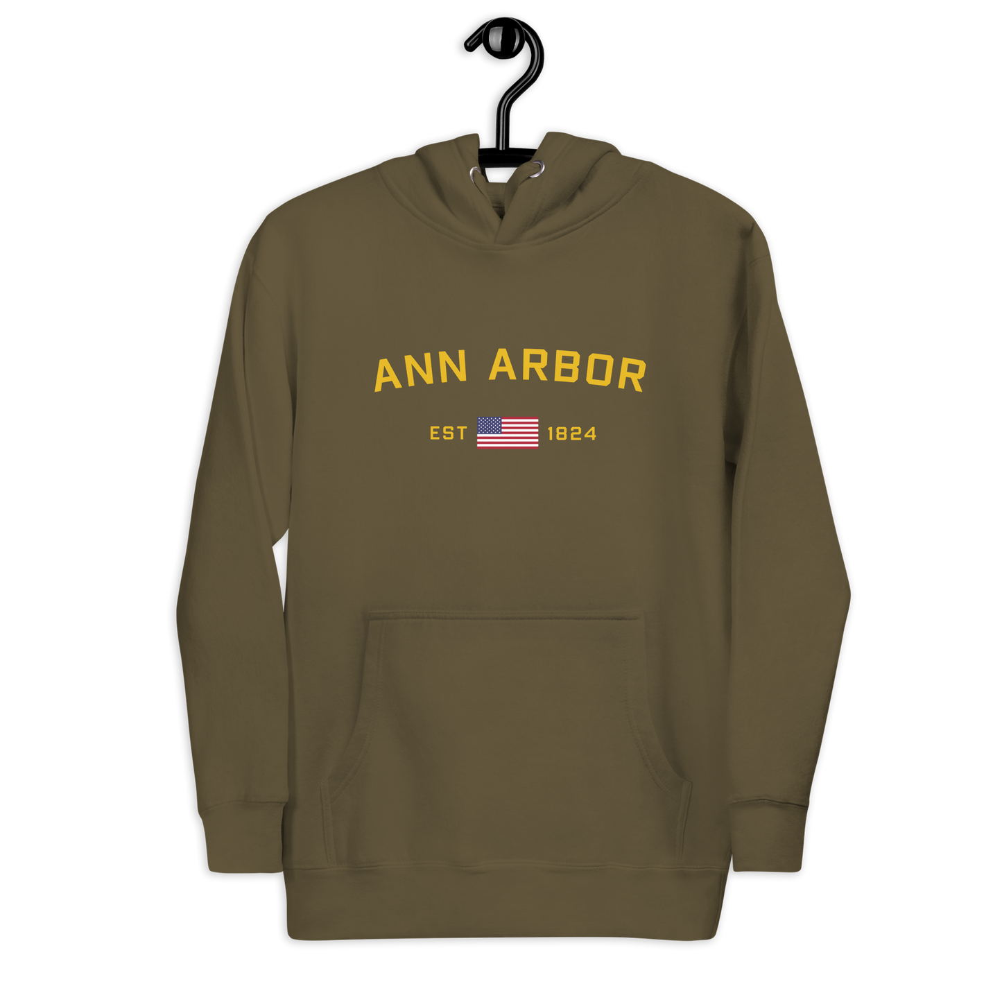 'Ann Arbor EST 1824' Unisex Premium Hoodie (Gold Type w/USA Flag Outline)