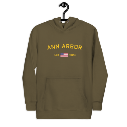 'Ann Arbor EST 1824' Unisex Premium Hoodie (Gold Type w/USA Flag Outline)