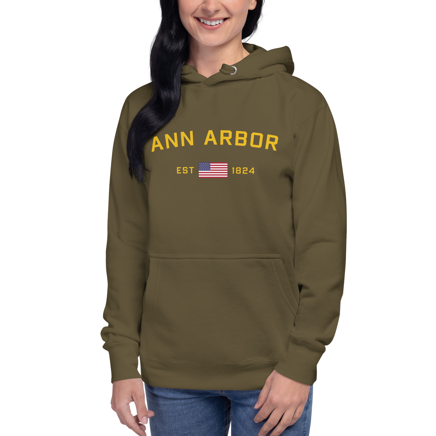 'Ann Arbor EST 1824' Unisex Premium Hoodie (Gold Type w/USA Flag Outline)