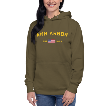 'Ann Arbor EST 1824' Unisex Premium Hoodie (Gold Type w/USA Flag Outline)