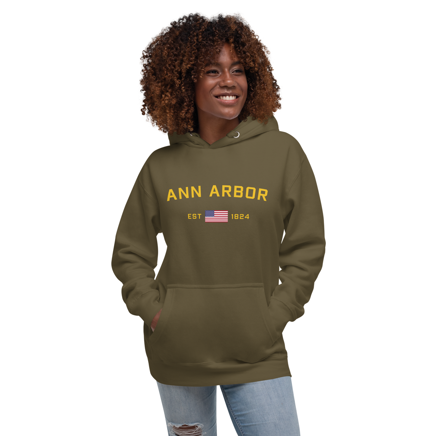 'Ann Arbor EST 1824' Unisex Premium Hoodie (Gold Type w/USA Flag Outline)