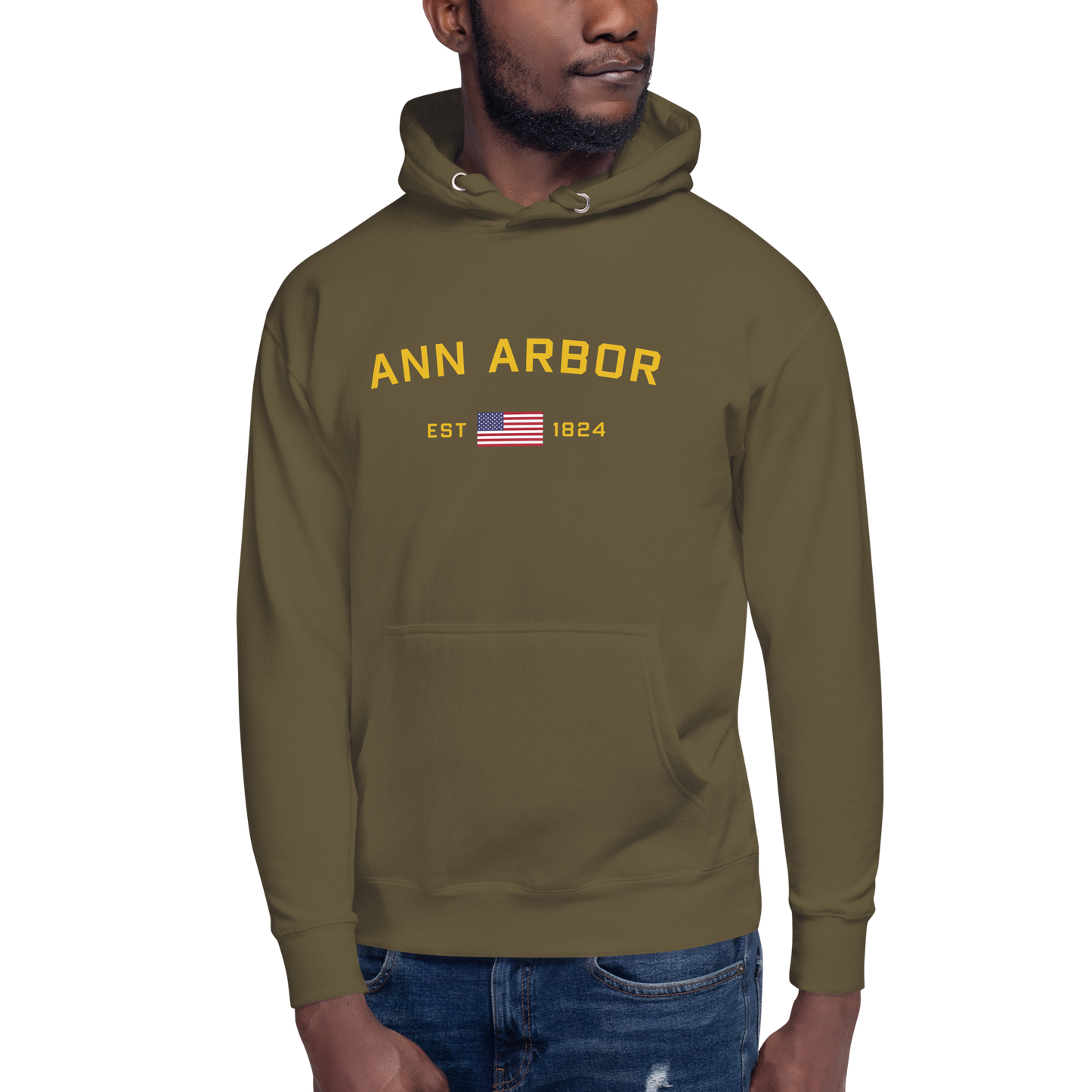 'Ann Arbor EST 1824' Unisex Premium Hoodie (Gold Type w/USA Flag Outline)