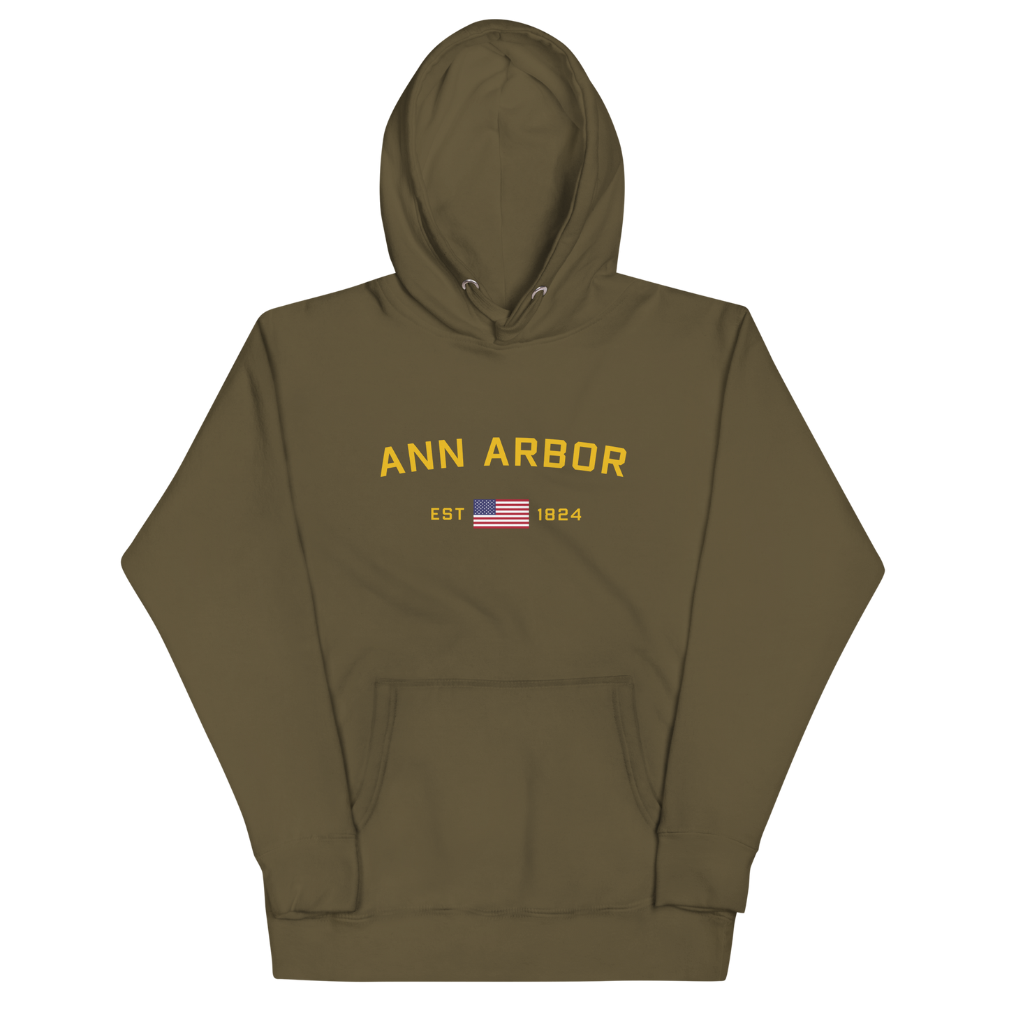 'Ann Arbor EST 1824' Unisex Premium Hoodie (Gold Type w/USA Flag Outline)