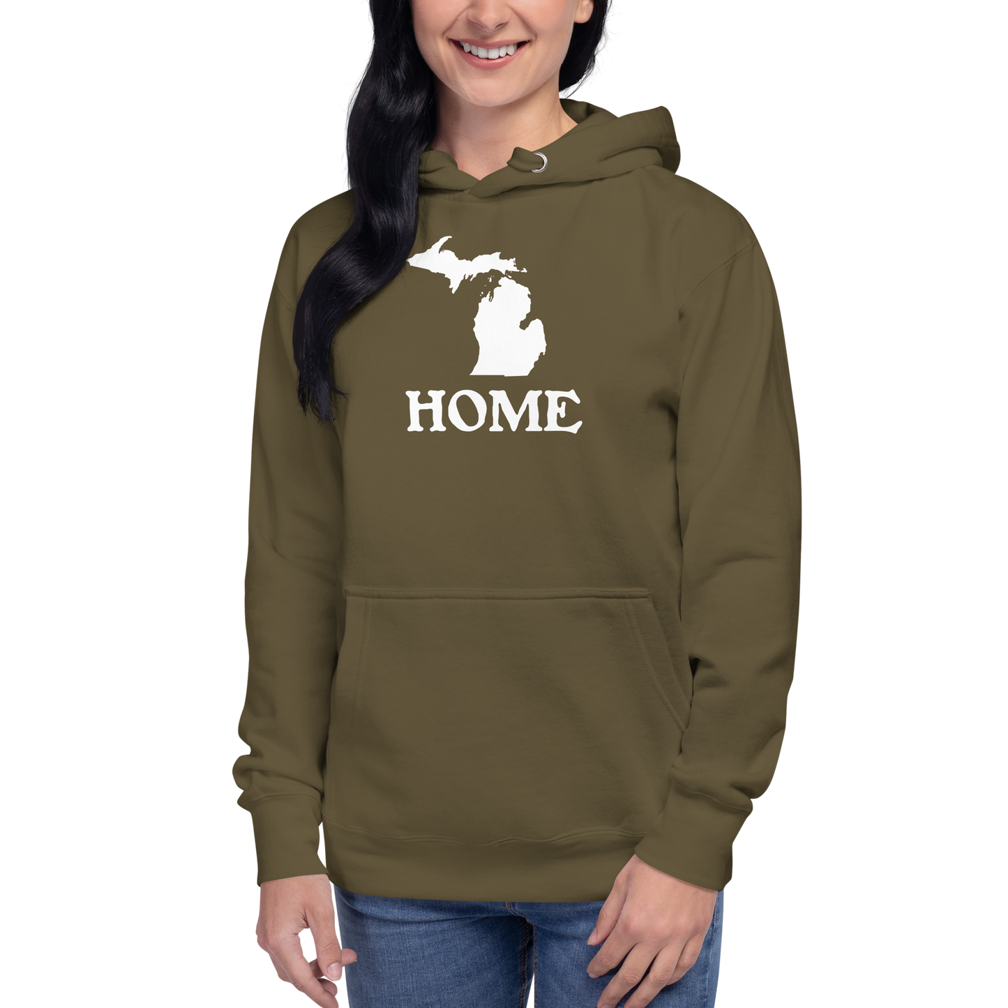 Michigan 'Home' Unisex Premium Hoodie (Woodcut Font w/ MI Outline)