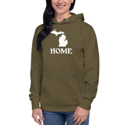 Michigan 'Home' Unisex Premium Hoodie (Woodcut Font w/ MI Outline)