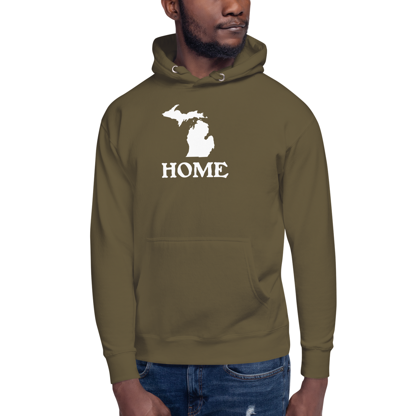 Michigan 'Home' Unisex Premium Hoodie (Woodcut Font w/ MI Outline)