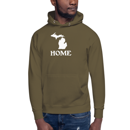 Michigan 'Home' Unisex Premium Hoodie (Woodcut Font w/ MI Outline)