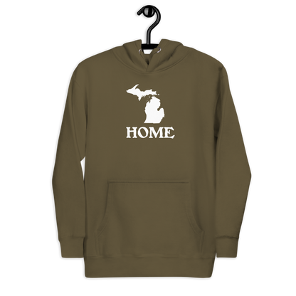 Michigan 'Home' Unisex Premium Hoodie (Woodcut Font w/ MI Outline)