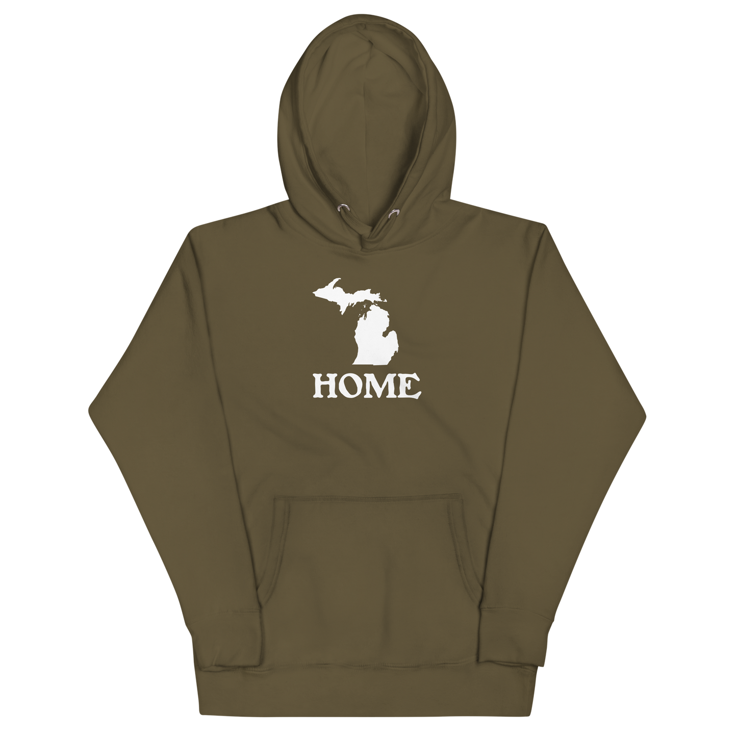 Michigan 'Home' Unisex Premium Hoodie (Woodcut Font w/ MI Outline)