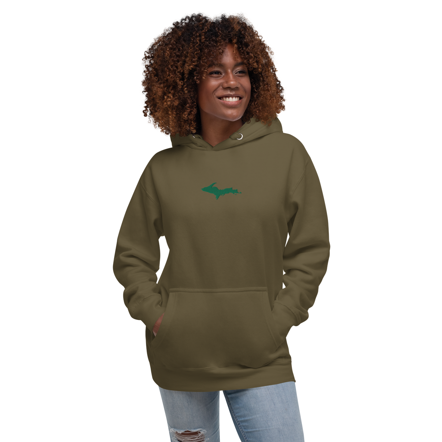 Michigan Upper Peninsula Hoodie (w/ Embroidered Green UP Outline) | Unisex Premium