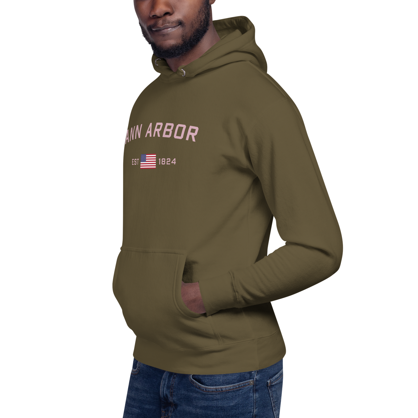 'Ann Arbor 1824' Unisex Premium Hoodie (Pink Type w/USA Flag Outline)