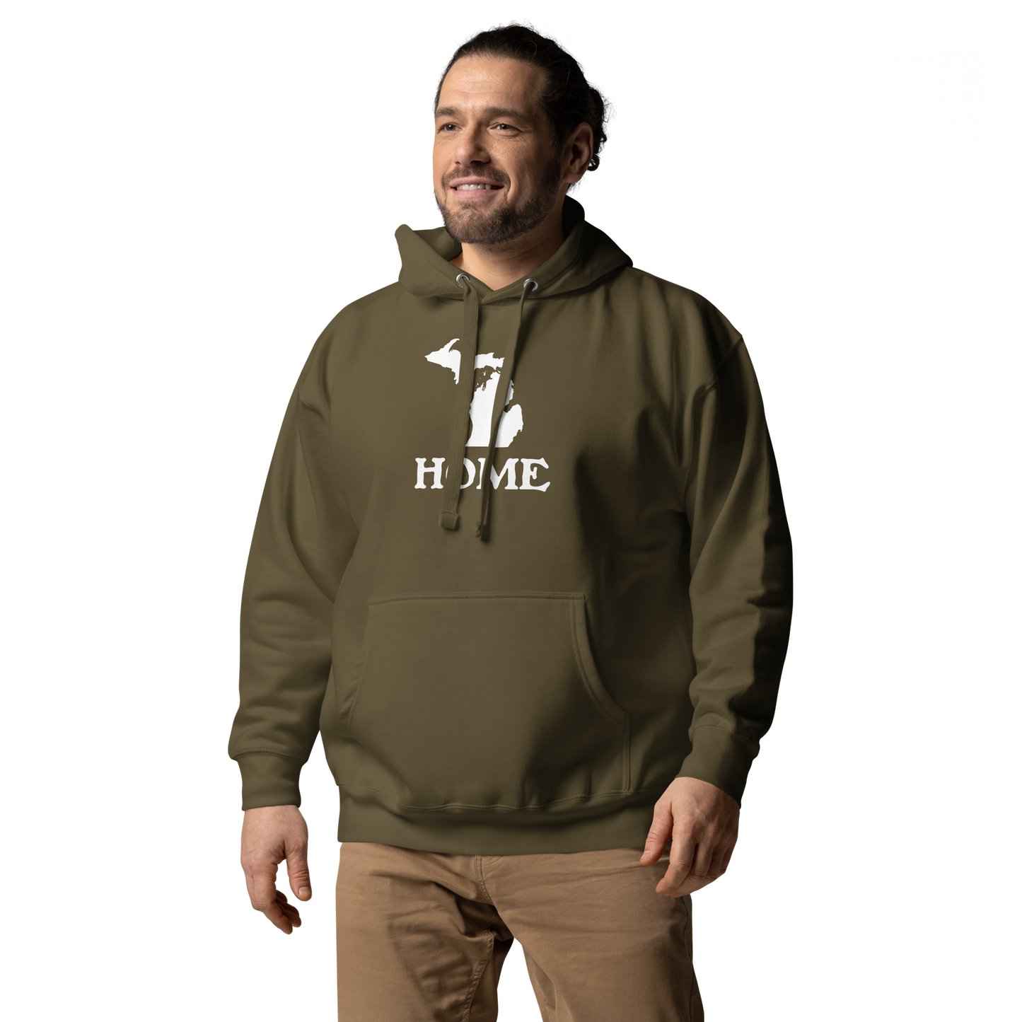 Michigan 'Home' Unisex Premium Hoodie (Woodcut Font w/ MI Outline)