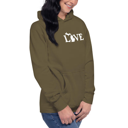 Michigan 'Love' Hoodie (Woodcut Font w/MI Outline) | Unisex Premium - Circumspice Michigan