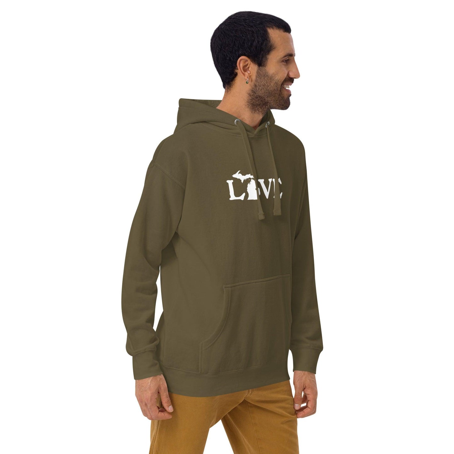 Michigan 'Love' Hoodie (Woodcut Font w/MI Outline) | Unisex Premium - Circumspice Michigan