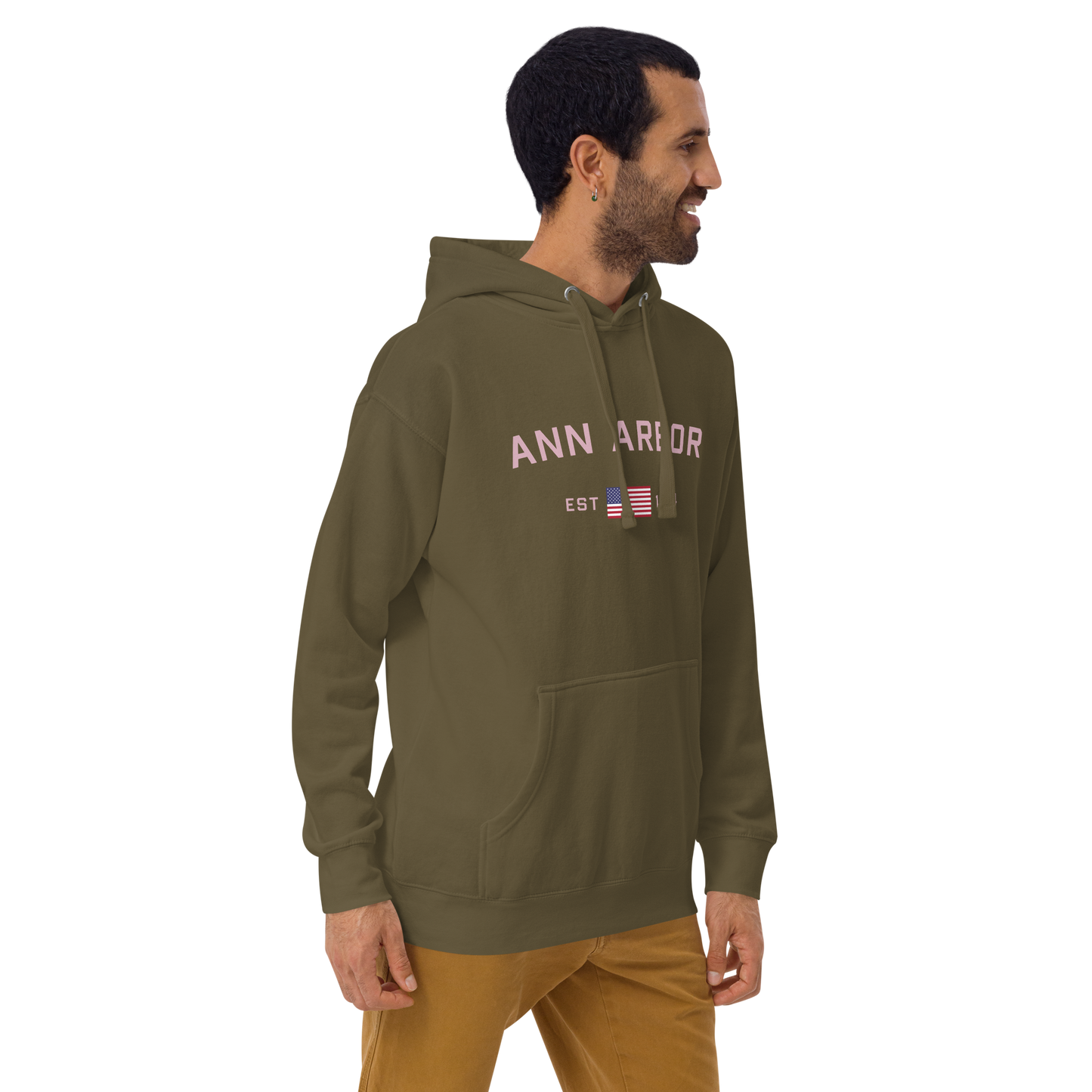 'Ann Arbor 1824' Unisex Premium Hoodie (Pink Type w/USA Flag Outline)