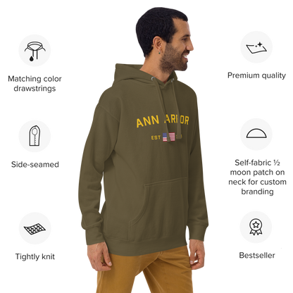 'Ann Arbor EST 1824' Unisex Premium Hoodie (Gold Type w/USA Flag Outline)