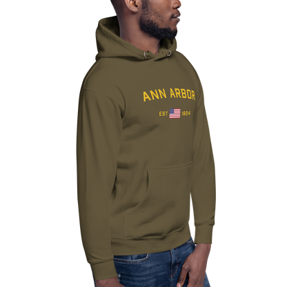 'Ann Arbor EST 1824' Unisex Premium Hoodie (Gold Type w/USA Flag Outline)