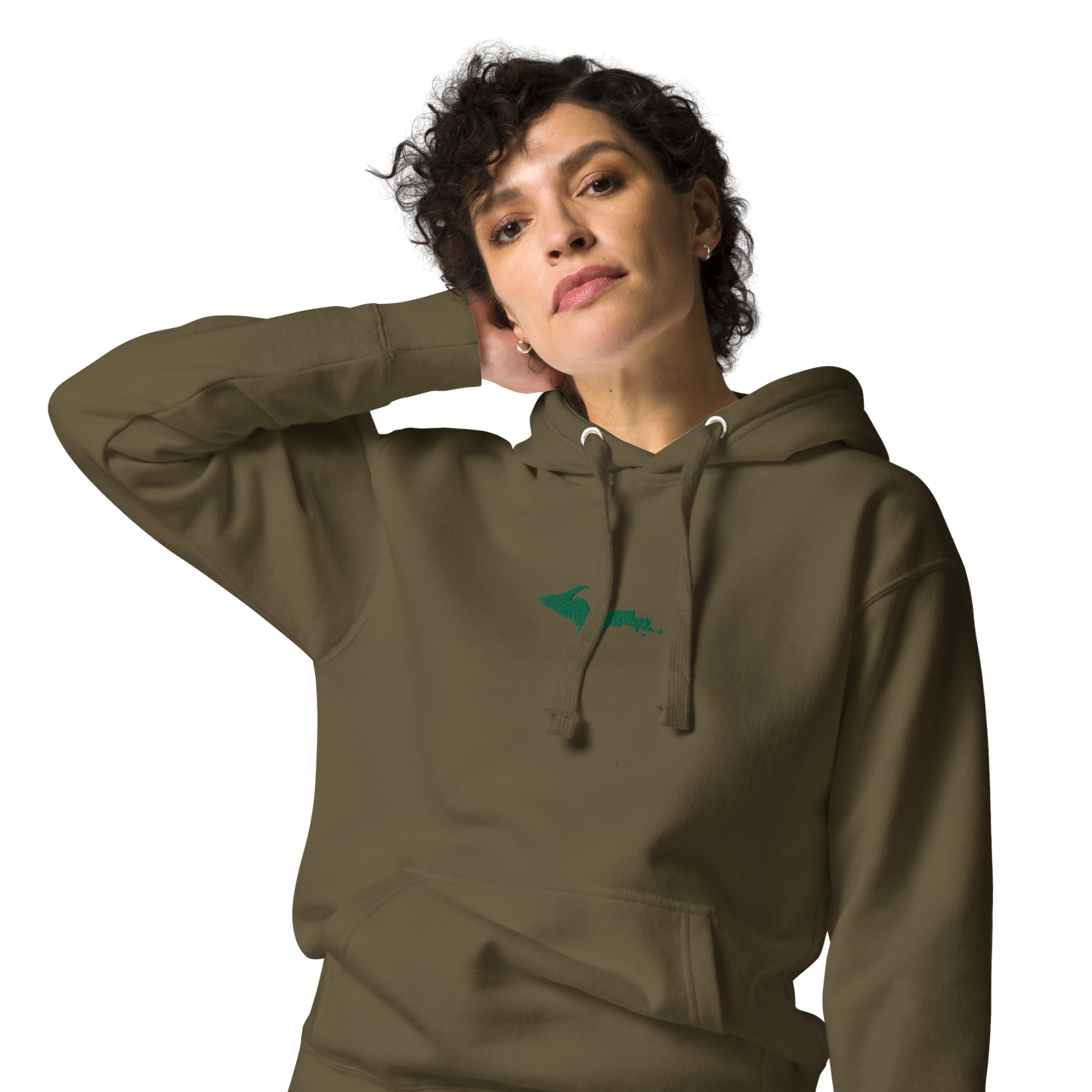 Michigan Upper Peninsula Hoodie (w/ Embroidered Green UP Outline) | Unisex Premium