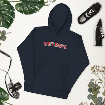 'Detroit' Unisex Premium Hoodie (Athletic Font) | Red Embroidery