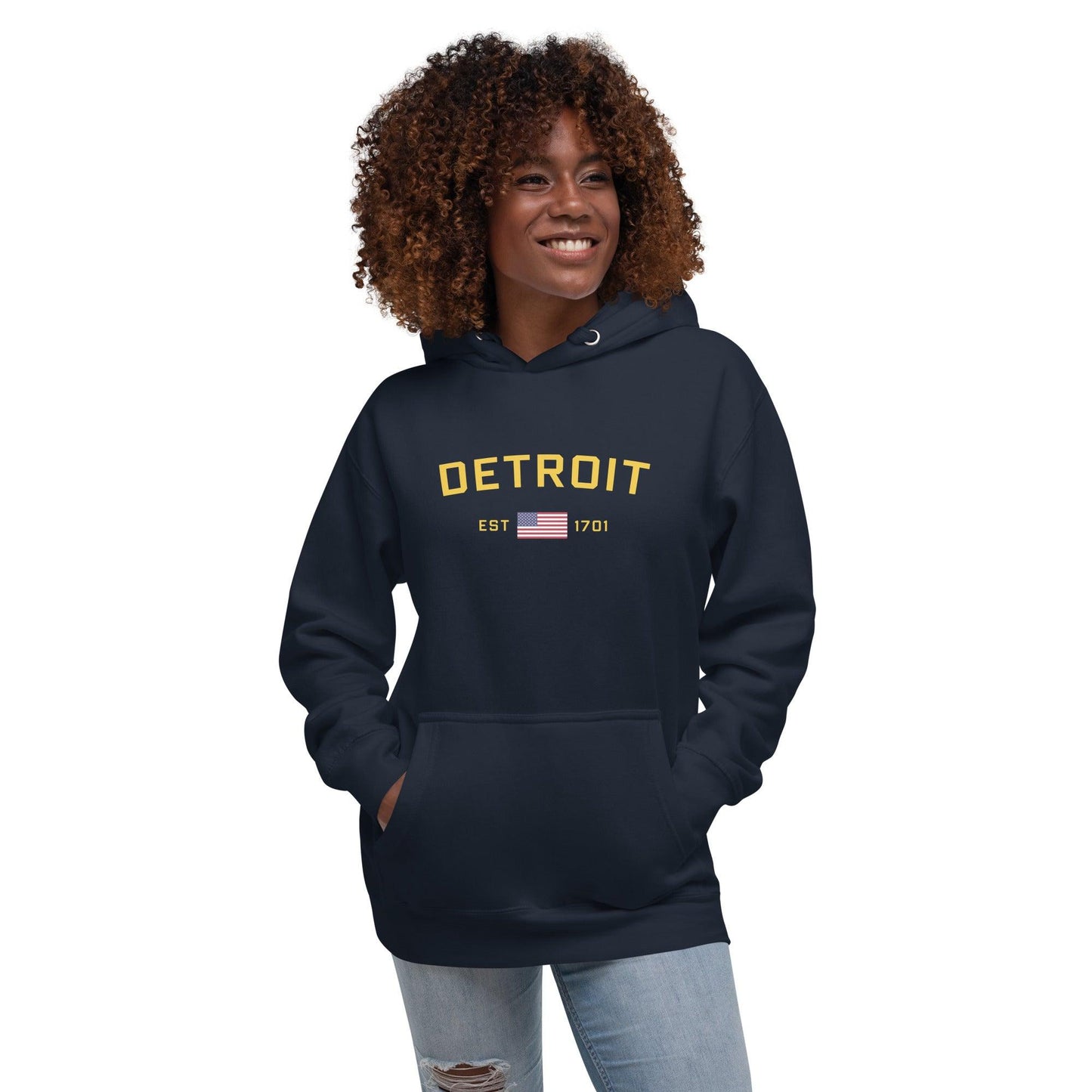 'Detroit EST 1701' Hoodie (w/ United States Flag) | Unisex Premium - Circumspice Michigan