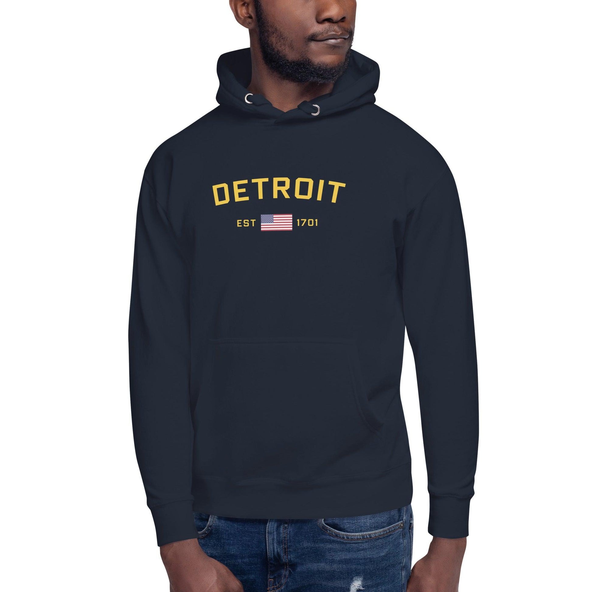 'Detroit EST 1701' Hoodie (w/ United States Flag) | Unisex Premium - Circumspice Michigan