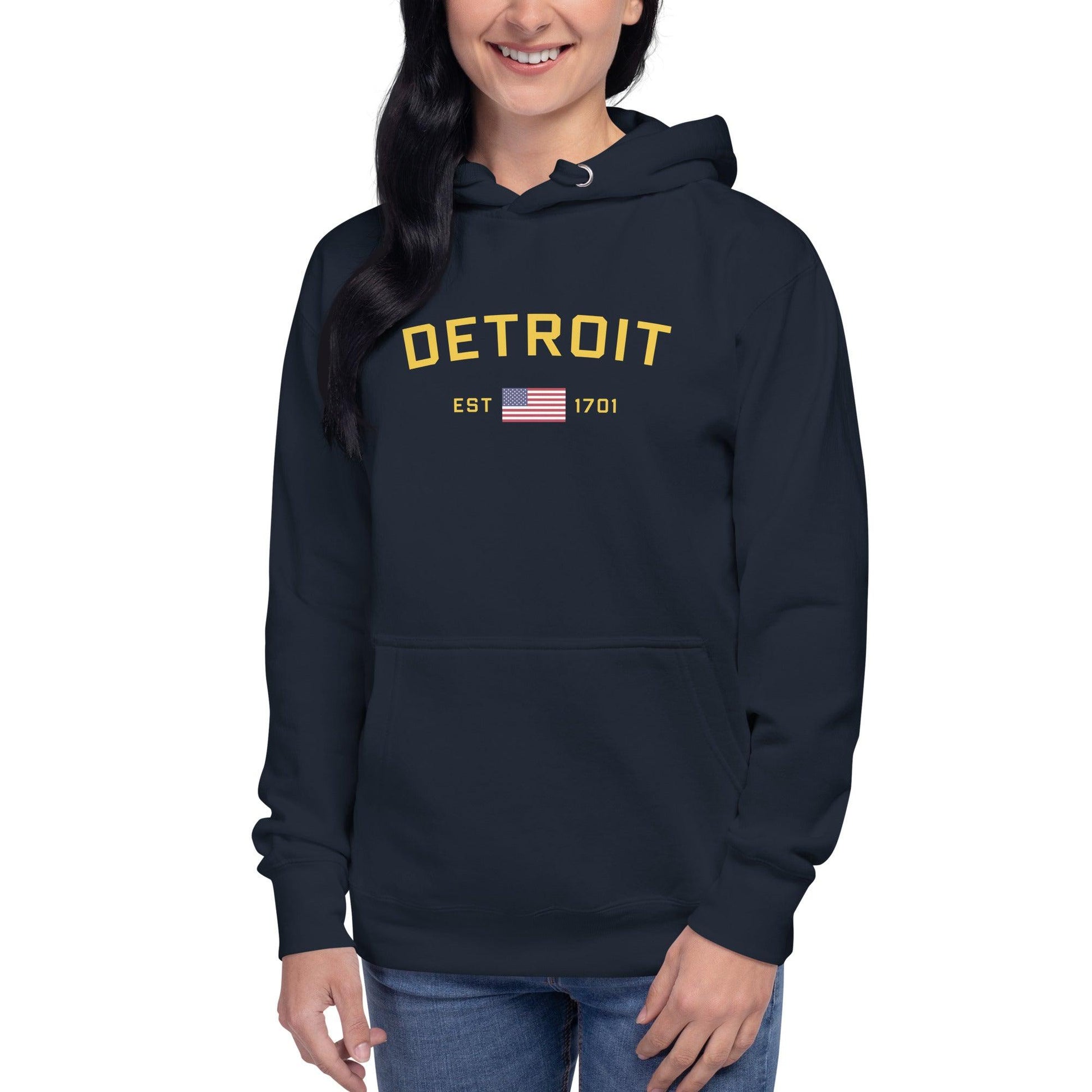 'Detroit EST 1701' Hoodie (w/ United States Flag) | Unisex Premium - Circumspice Michigan