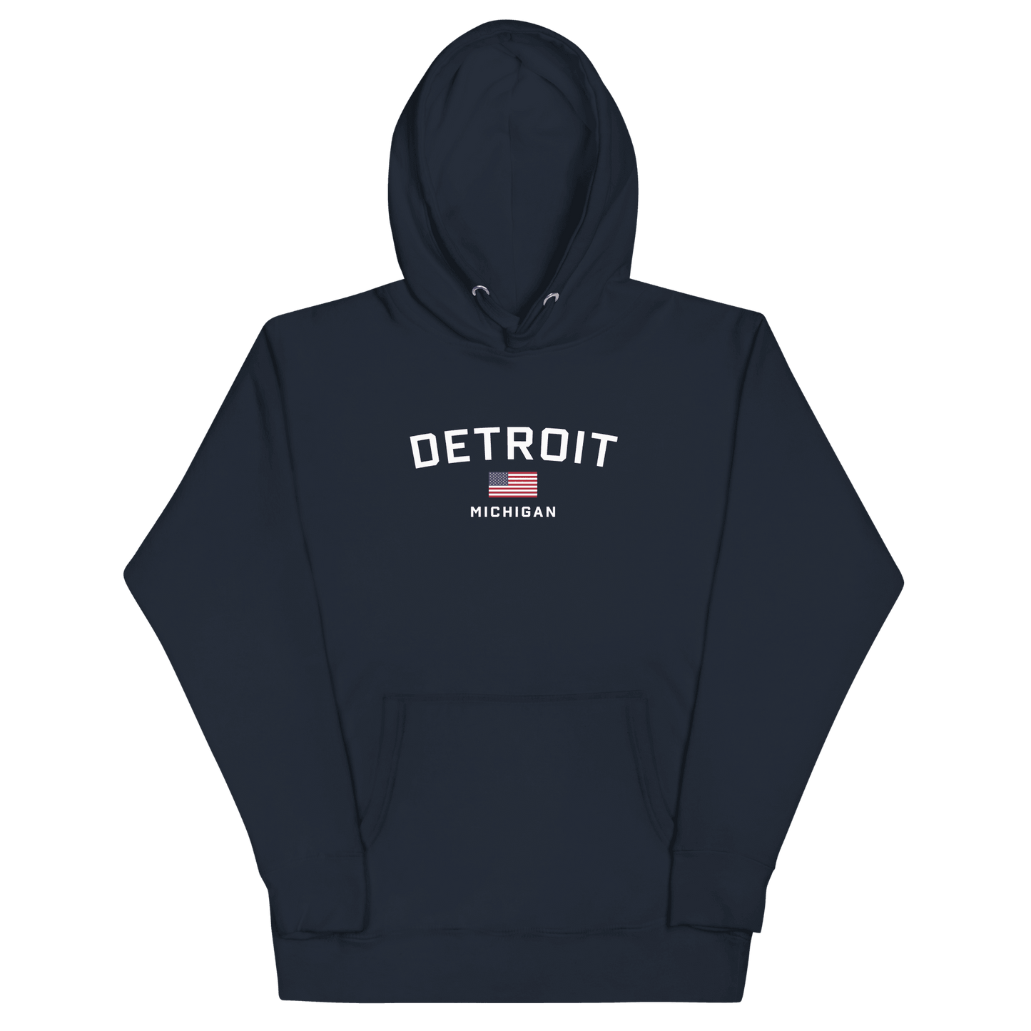 'Detroit Michigan' Hoodie (White/Navy w/ USA Flag) | Unisex Premium - Circumspice Michigan