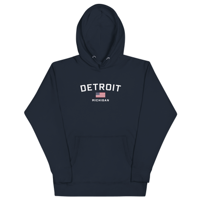 'Detroit Michigan' Hoodie (White/Navy w/ USA Flag) | Unisex Premium - Circumspice Michigan