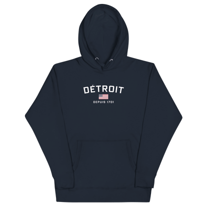 'Détroit Depuis 1701' Hoodie (White/Navy Lettering) | Unisex Premium - Circumspice Michigan