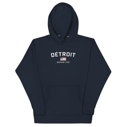 'Détroit Depuis 1701' Hoodie (White/Navy Lettering) | Unisex Premium - Circumspice Michigan