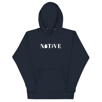 Michigan 'Native' Hoodie (White/Navy Didone Font) | Unisex Premium - Circumspice Michigan