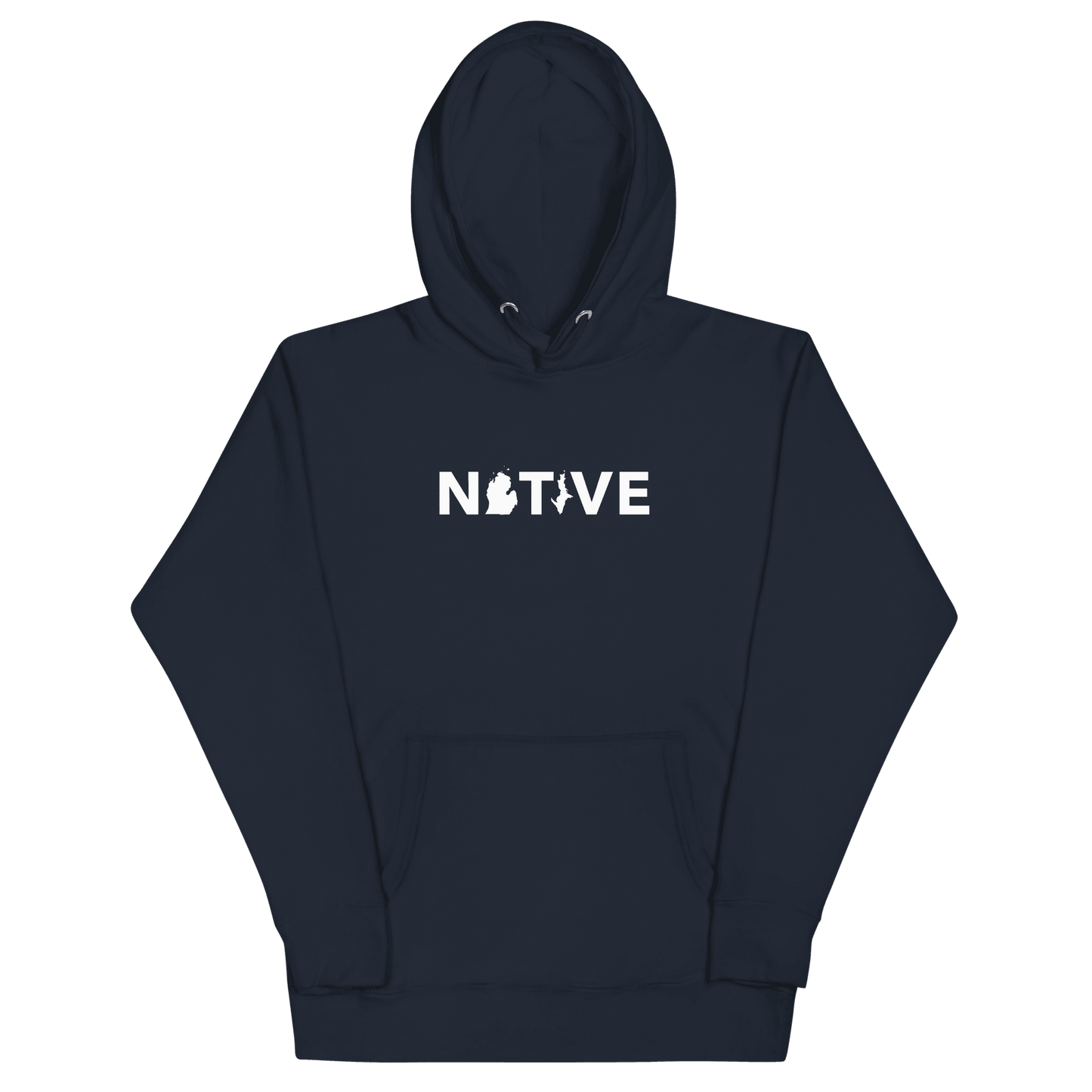 Michigan 'Native' Hoodie (White/Navy Geometric Sans Font) | Unisex Premium - Circumspice Michigan