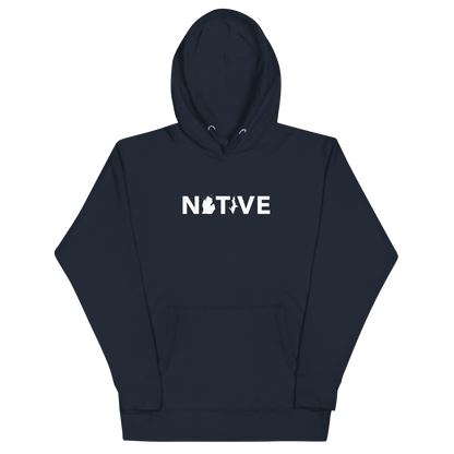 Michigan 'Native' Hoodie (White/Navy Geometric Sans Font) | Unisex Premium - Circumspice Michigan