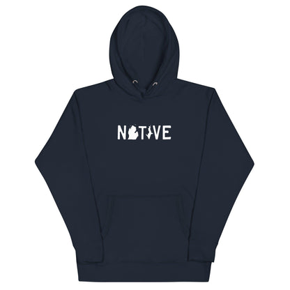 Michigan 'Native' Hoodie (White/Navy Licence Plate Font) | Unisex Premium - Circumspice Michigan