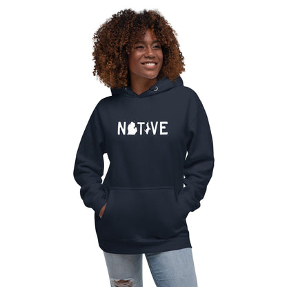 Michigan 'Native' Hoodie (White/Navy Licence Plate Font) | Unisex Premium - Circumspice Michigan