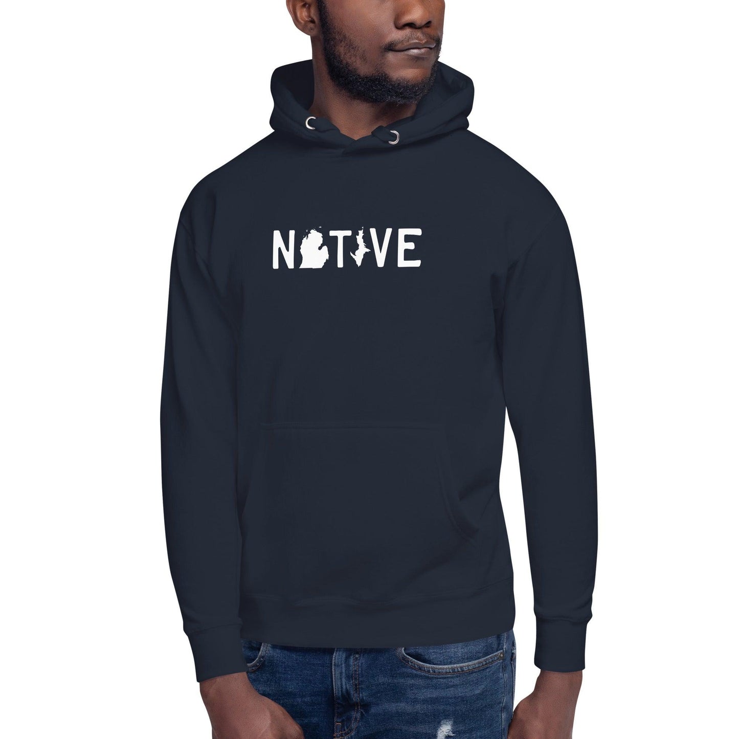 Michigan 'Native' Hoodie (White/Navy Licence Plate Font) | Unisex Premium - Circumspice Michigan