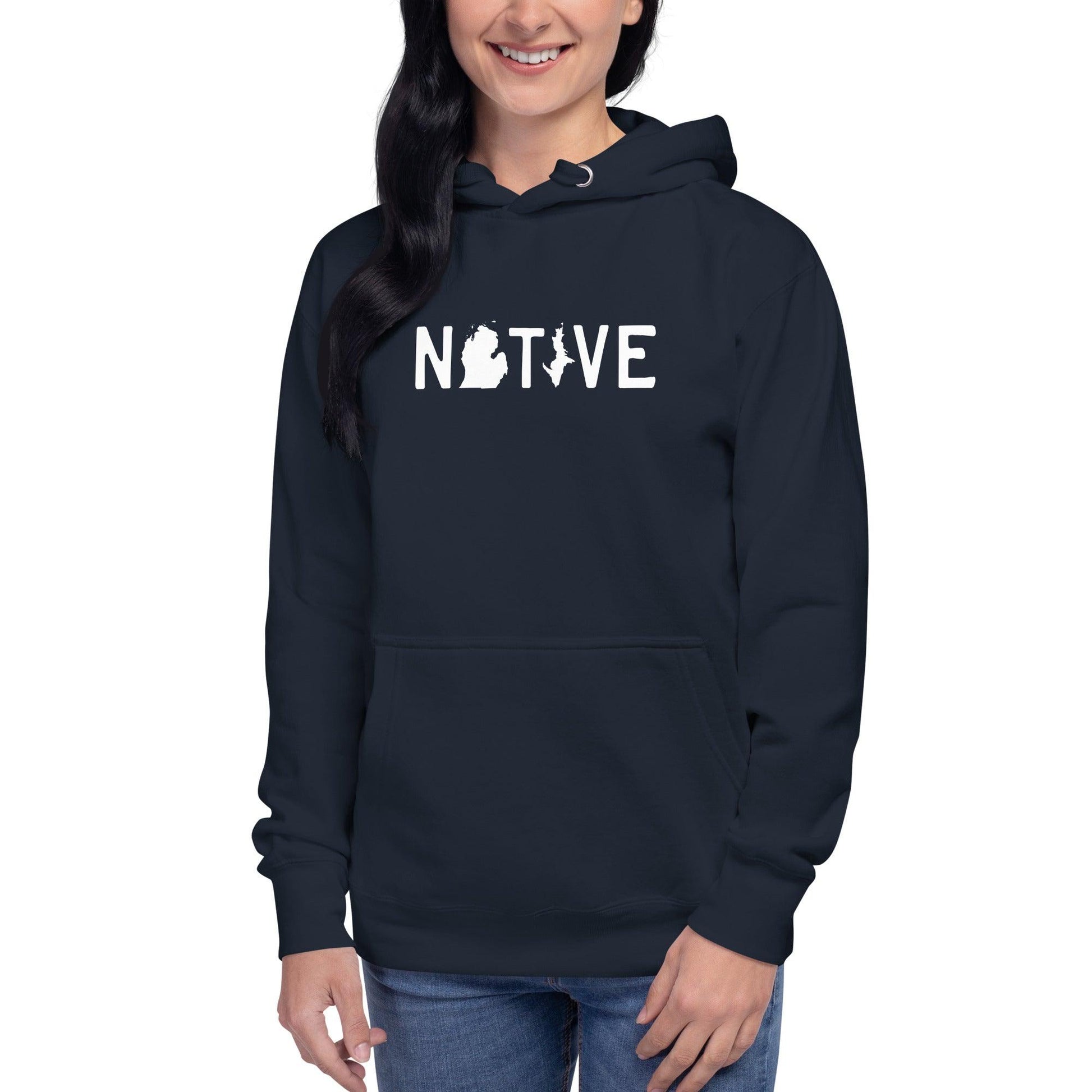 Michigan 'Native' Hoodie (White/Navy Licence Plate Font) | Unisex Premium - Circumspice Michigan