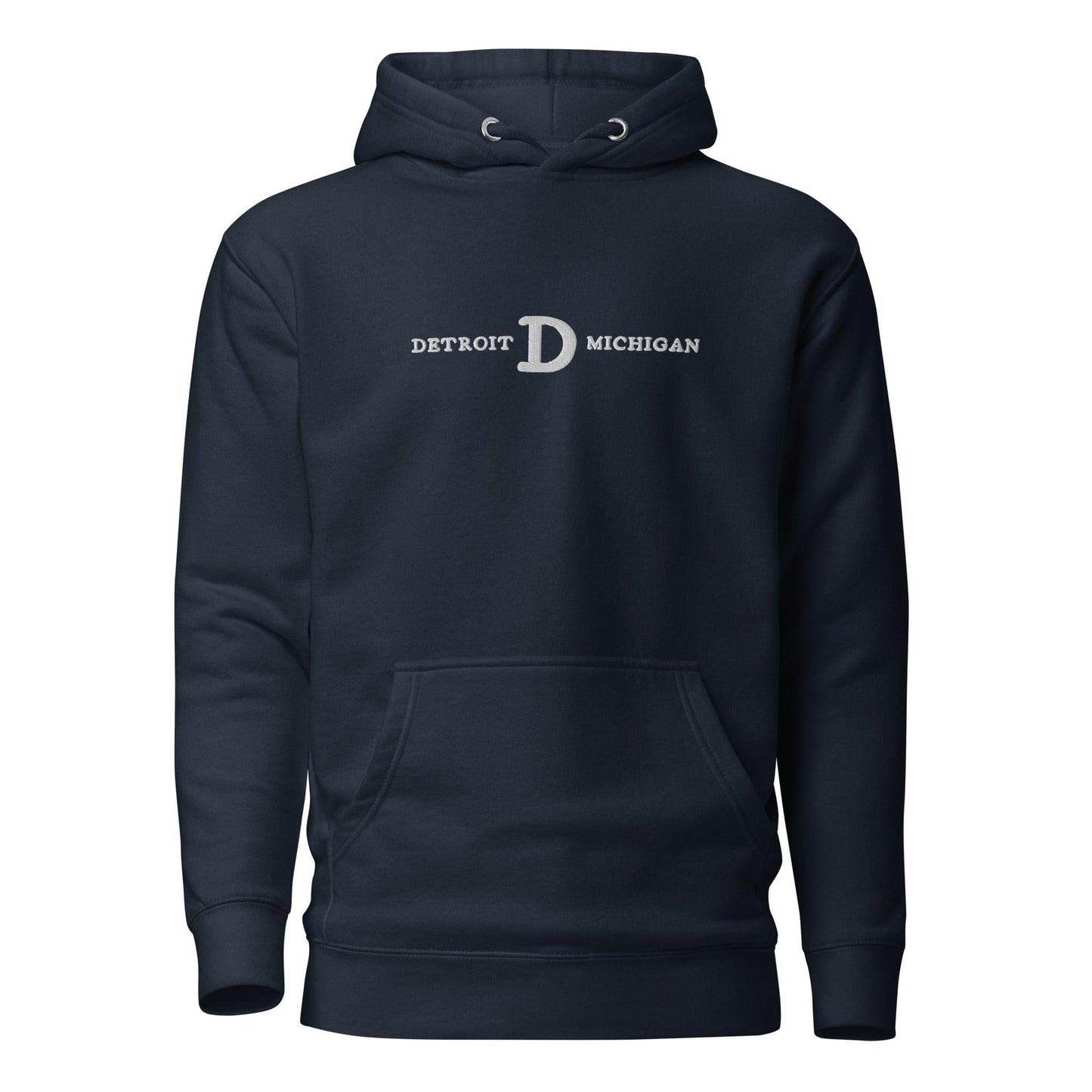 'Detroit Michigan' Hoodie (White/Navy Embroidery w/ Old French D) | Unisex Premium - Circumspice Michigan