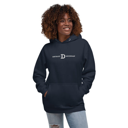 'Detroit Michigan' Hoodie (White/Navy Embroidery w/ Old French D) | Unisex Premium - Circumspice Michigan