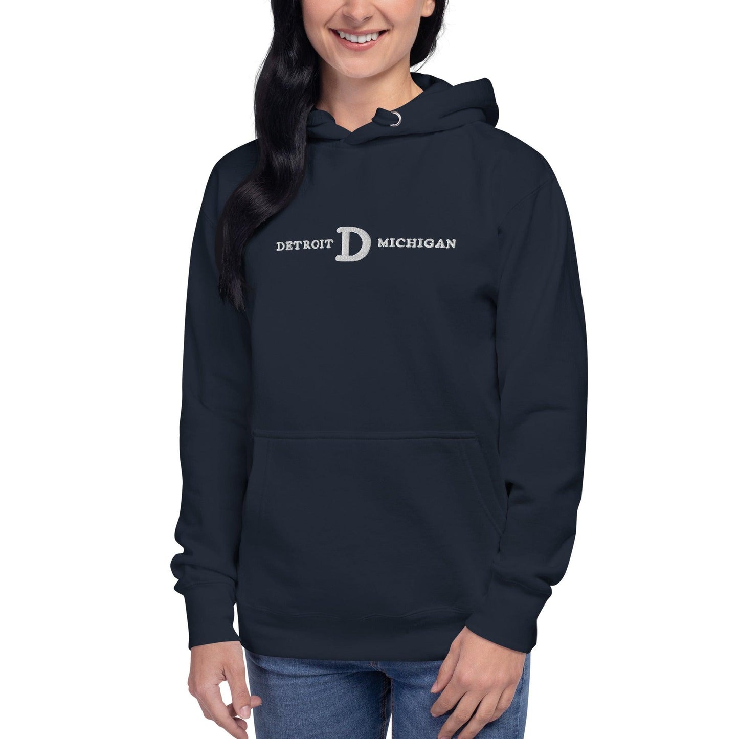 'Detroit Michigan' Hoodie (White/Navy Embroidery w/ Old French D) | Unisex Premium - Circumspice Michigan