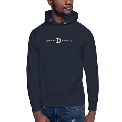 'Detroit Michigan' Hoodie (White/Navy Embroidery w/ Old French D) | Unisex Premium - Circumspice Michigan