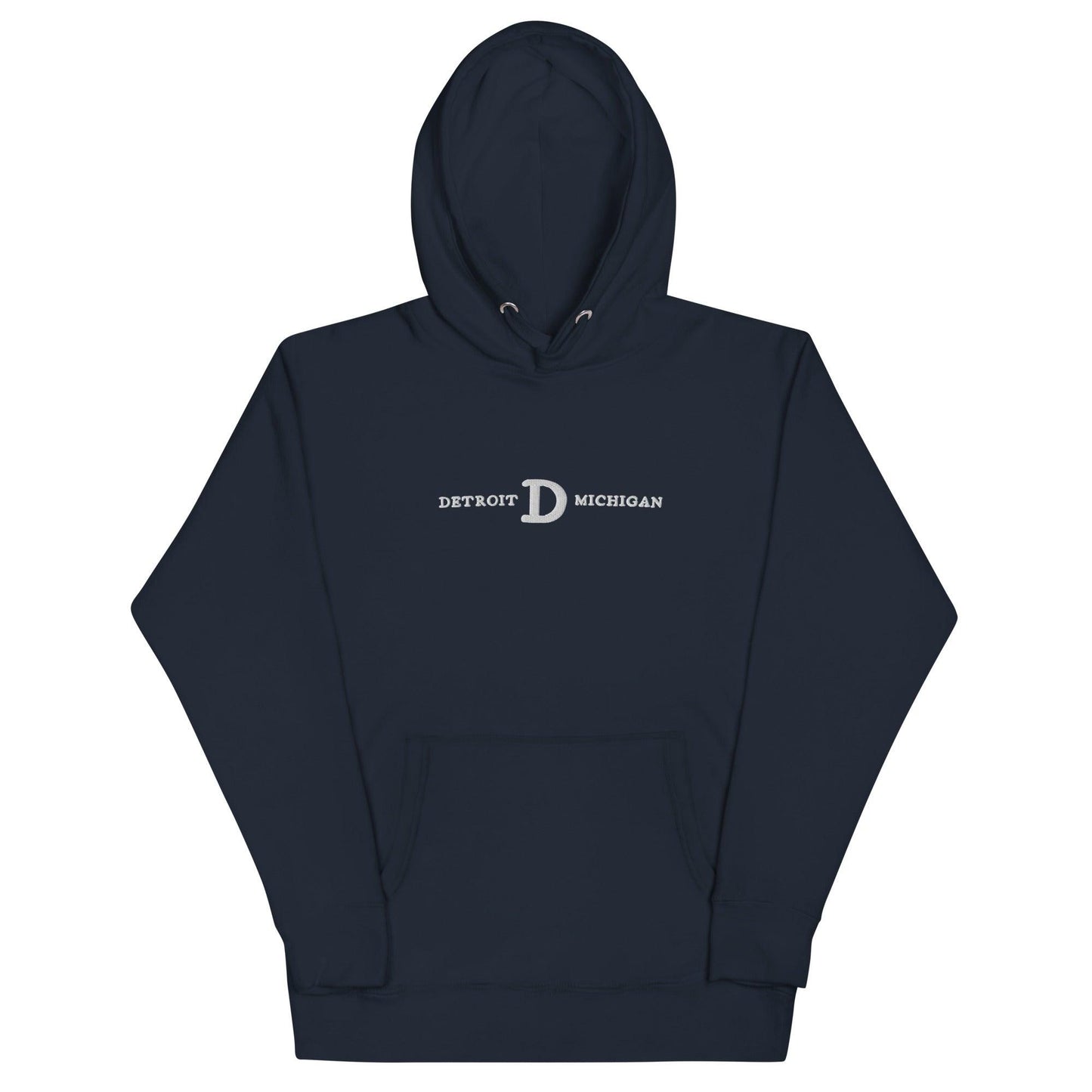 'Detroit Michigan' Hoodie (White/Navy Embroidery w/ Old French D) | Unisex Premium - Circumspice Michigan