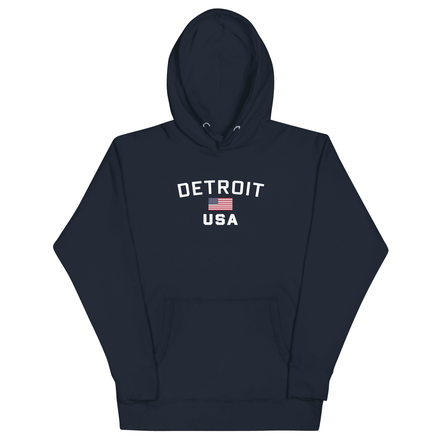 'Detroit USA' Hoodie (White/Navy w/ USA Flag)  Unisex Premium - Circumspice Michigan