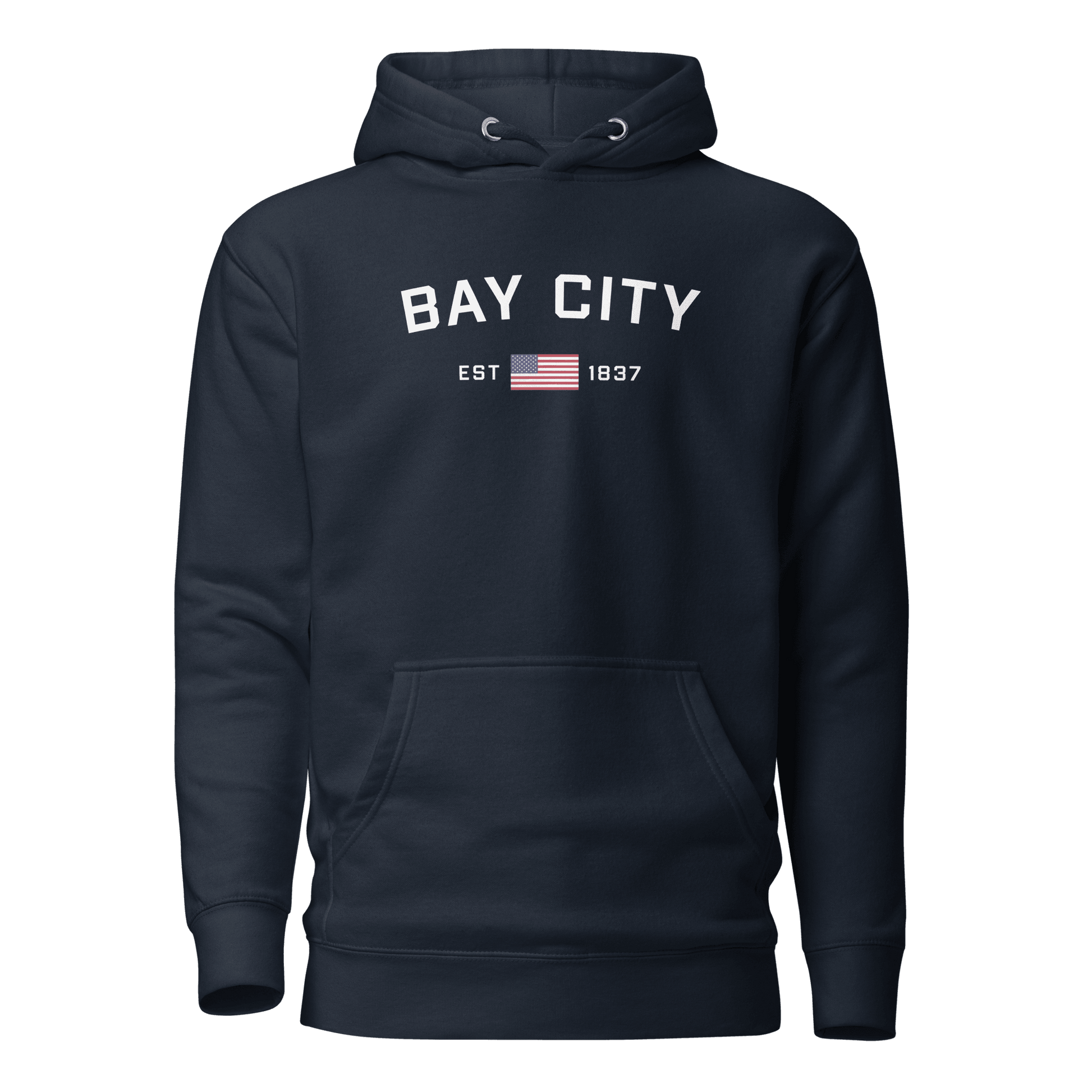 'Bay City EST 1837' Hoodie (w/ USA Flag Outline) | Unisex Premium - Circumspice Michigan