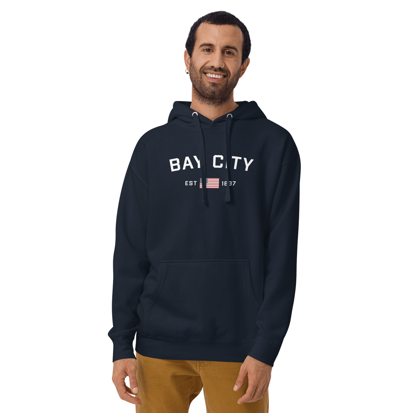 'Bay City EST 1837' Hoodie (w/ USA Flag Outline) | Unisex Premium - Circumspice Michigan